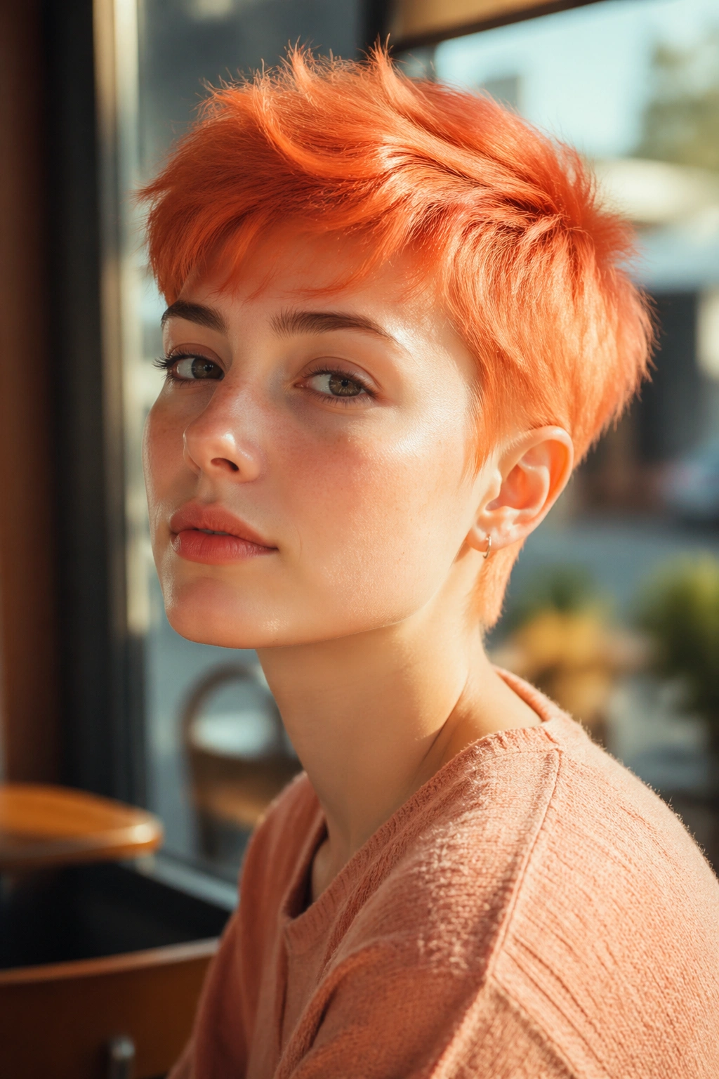 Close-up of a real person with a sorbet orange crop in a sunlit cafe setting