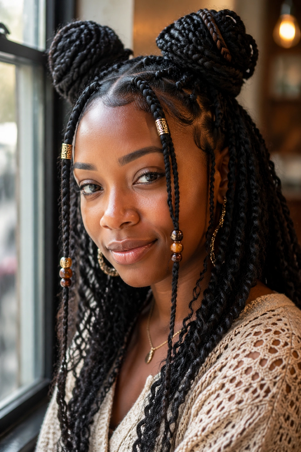 Close-up of space-bun goddess box braids with accent beads on a real person