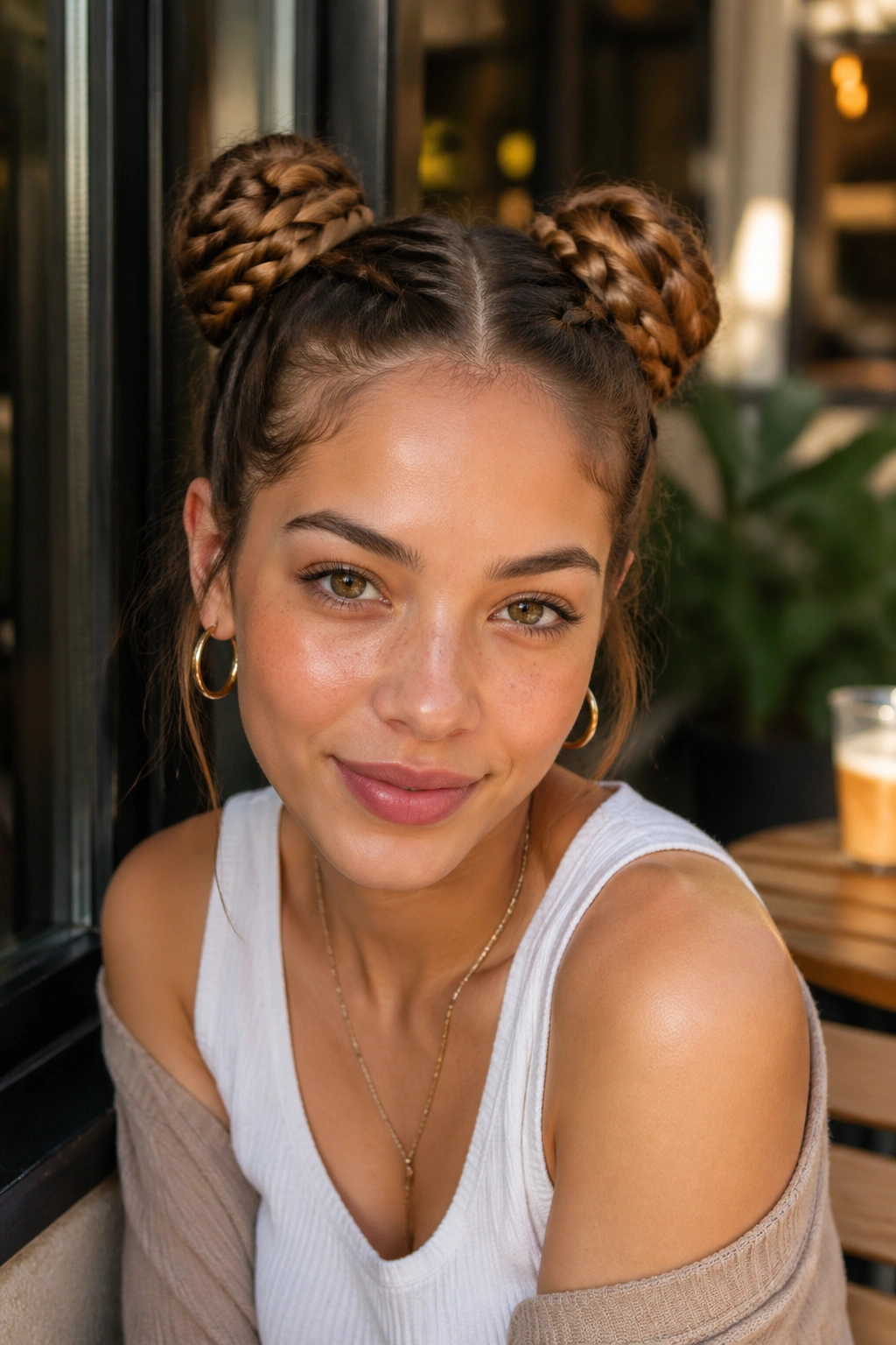 Close-up of a real person with two braided space buns at the crown