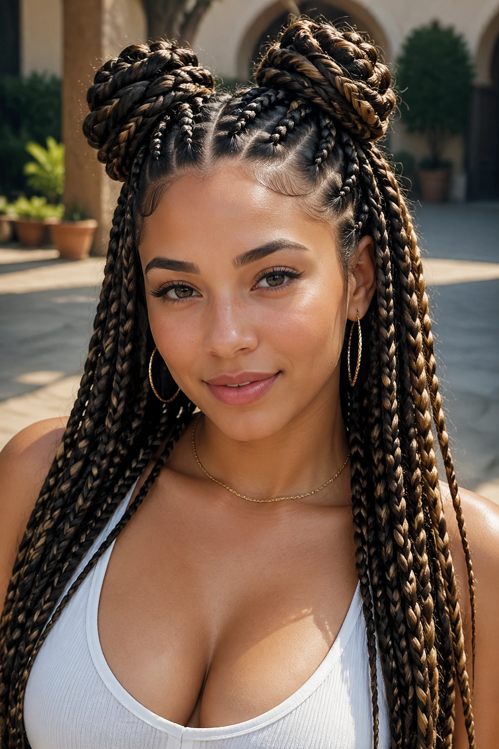 Close-up of real woman's head with space-bun dragon braids and long tails