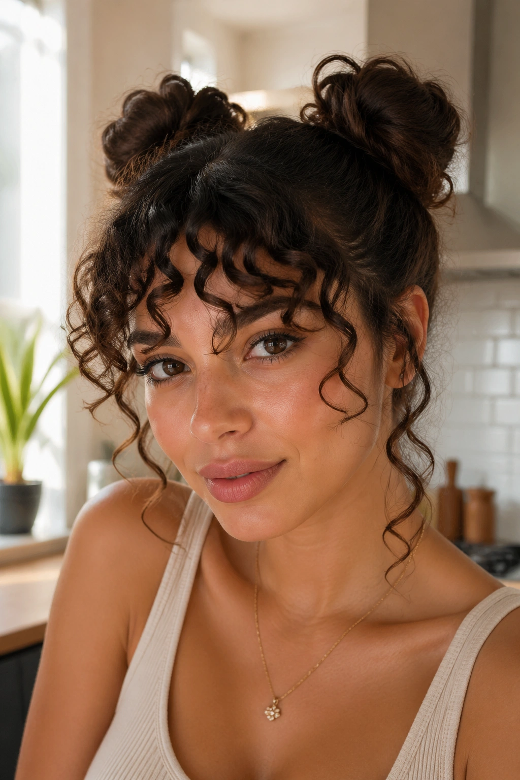 Close-up portrait of a woman with space buns and curly bangs