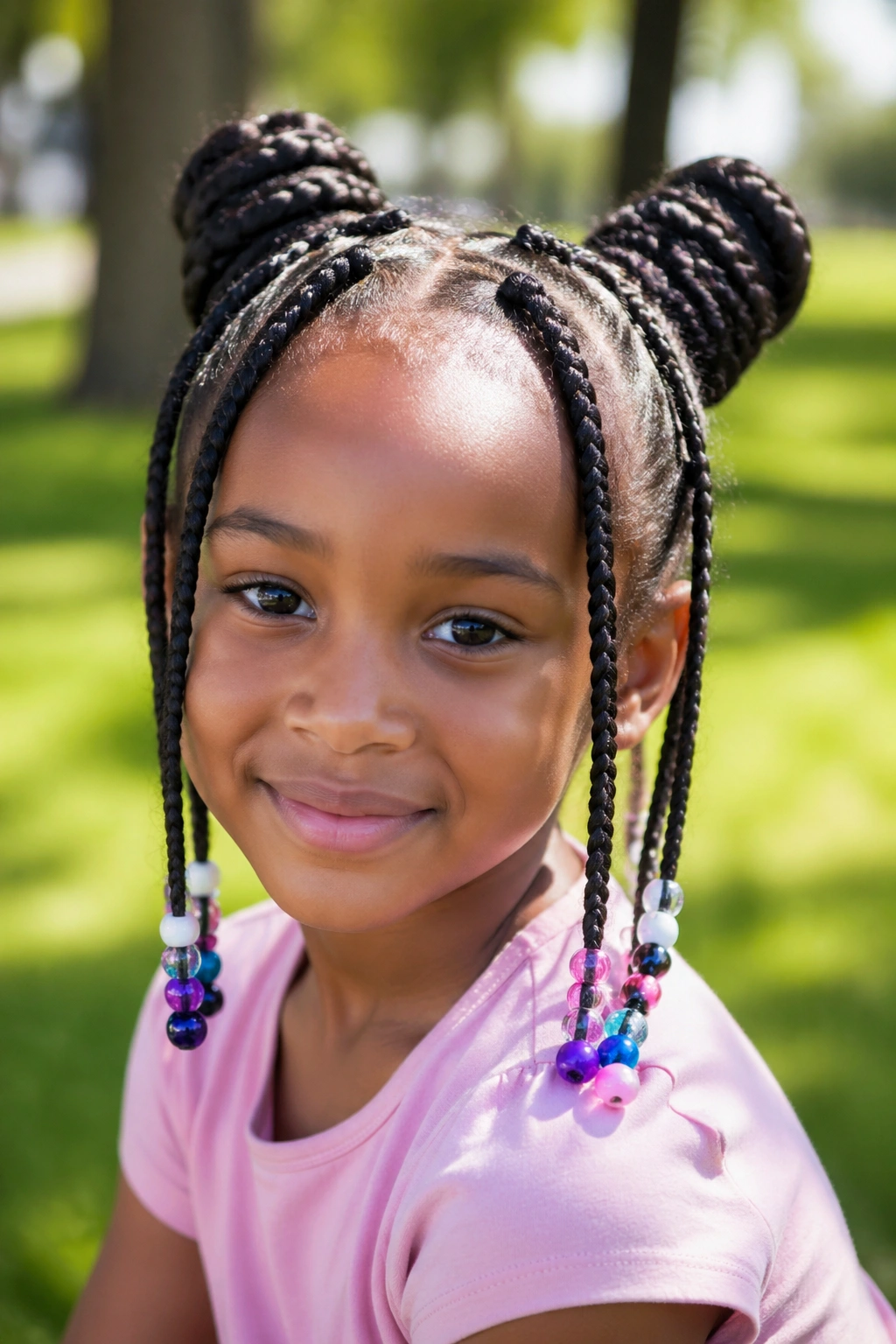 Child with space buns and beaded braid tails in a sunny park.