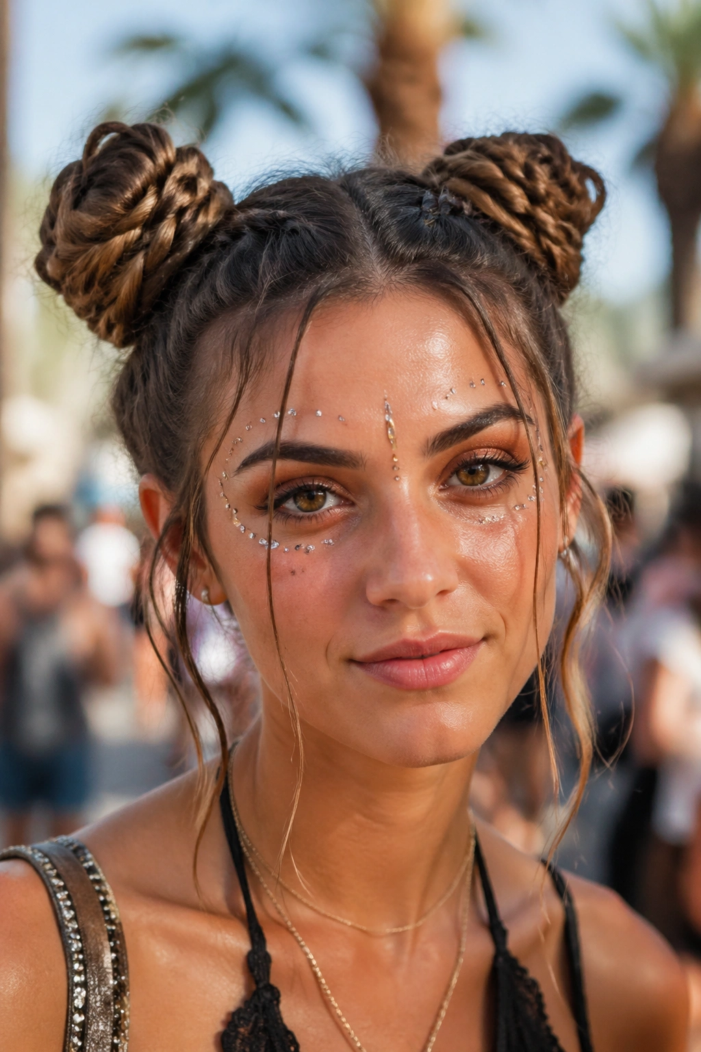 Close-up of a real woman with braided space buns in a sunlit outdoor festival