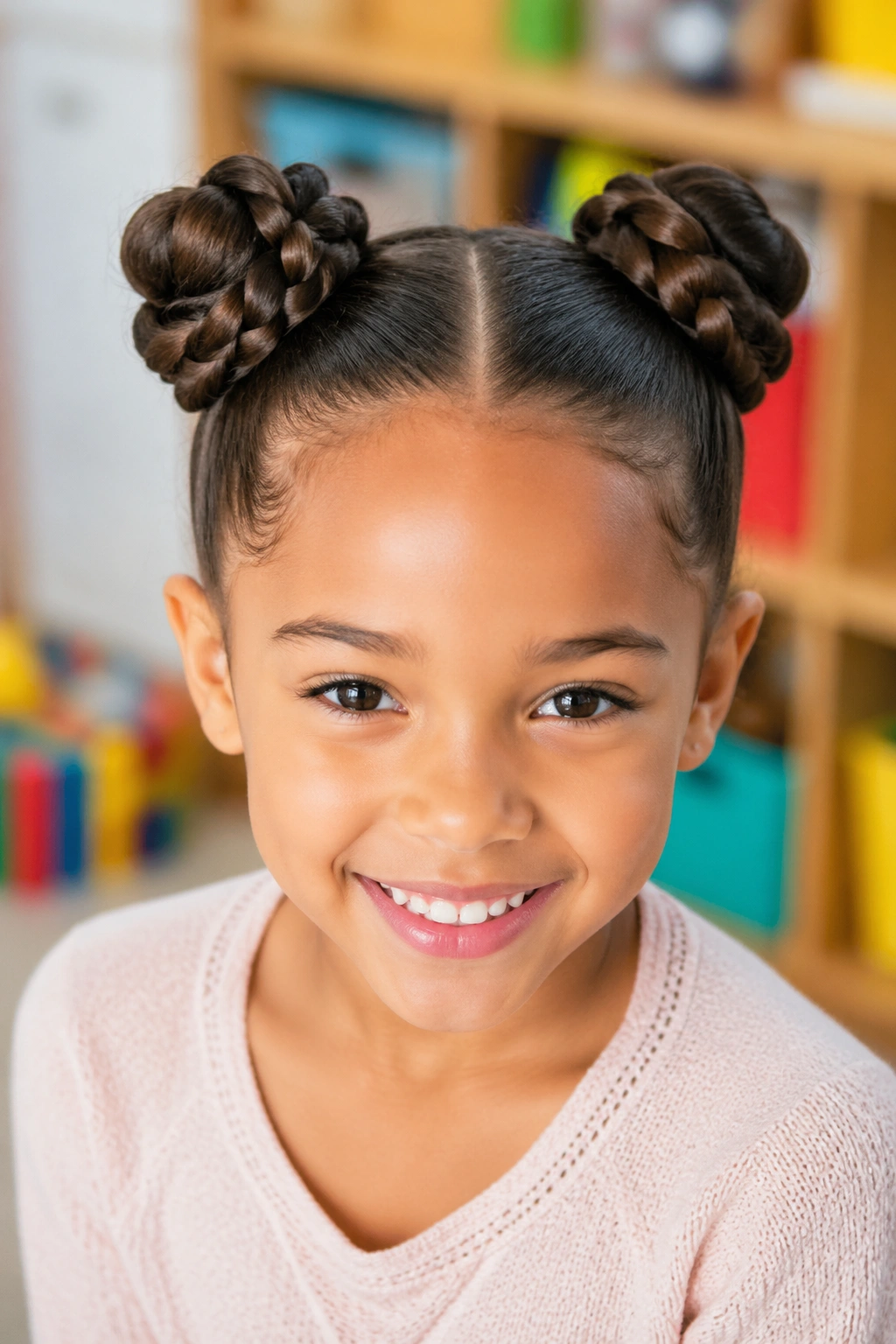 Close-up of a child with space buns created from braided pigtails