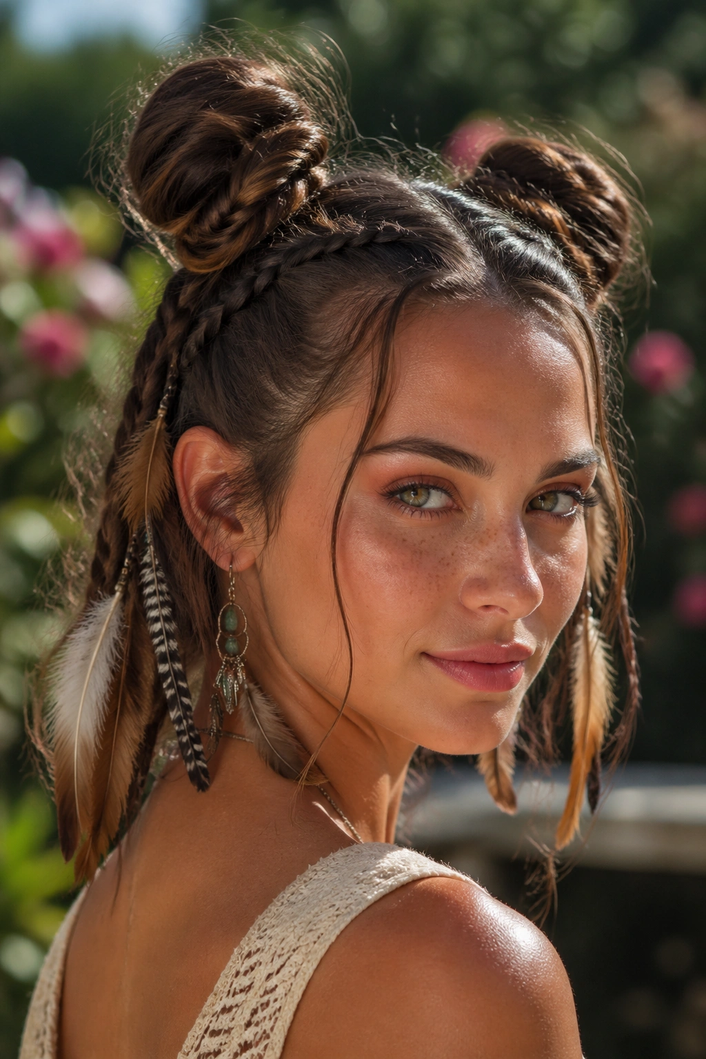 Close-up of a real person showing braided space buns with feathers in a sunlit outdoor setting