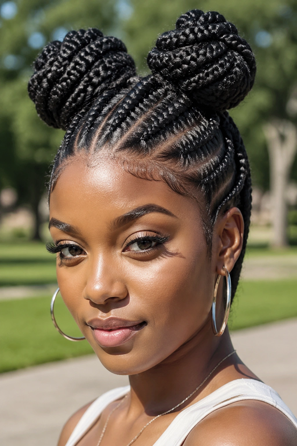 Real person with two high space buns on braided mohawk in park setting.