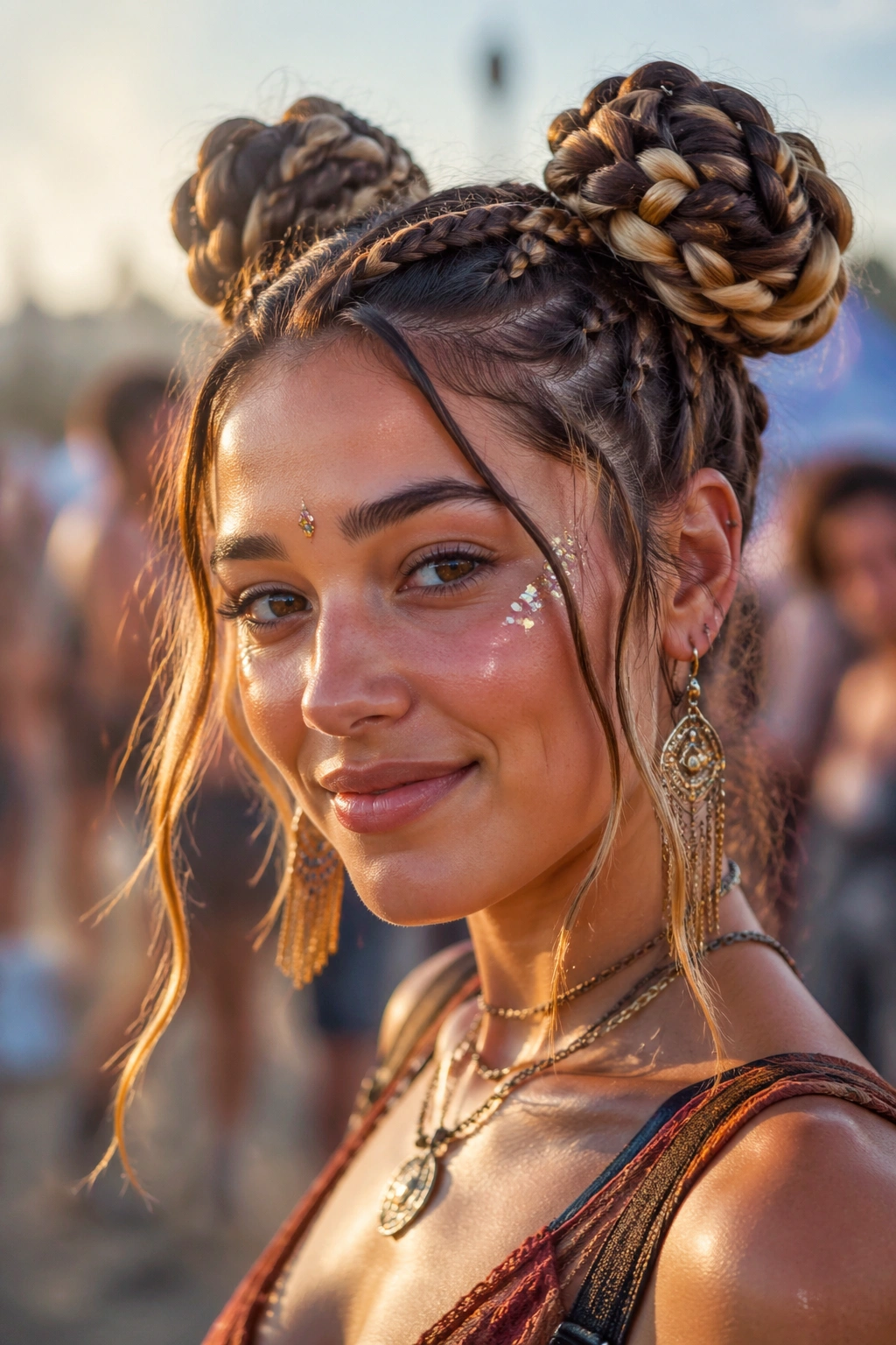 Close-up of a real woman with Braided Space Buns with Tendrils in a festival setting