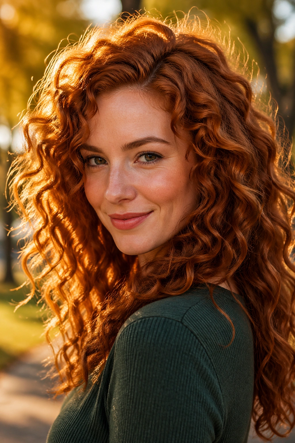 Real woman with spiced copper curls in golden hour light