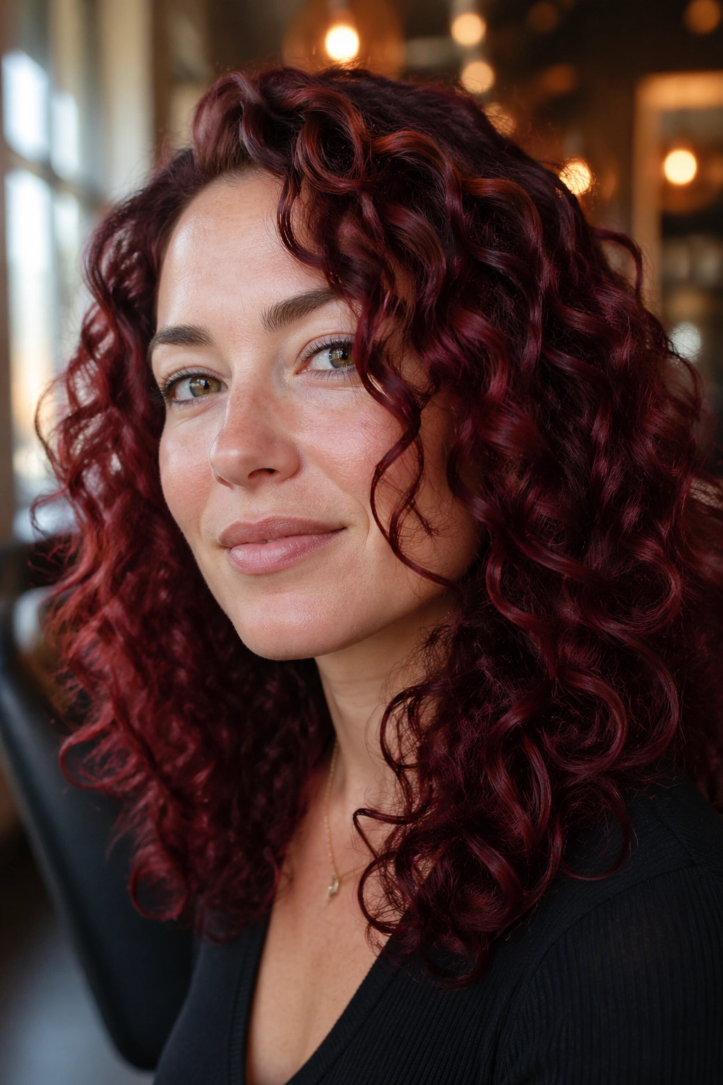 Close-up of a real woman with spiced cranberry curls in soft window light