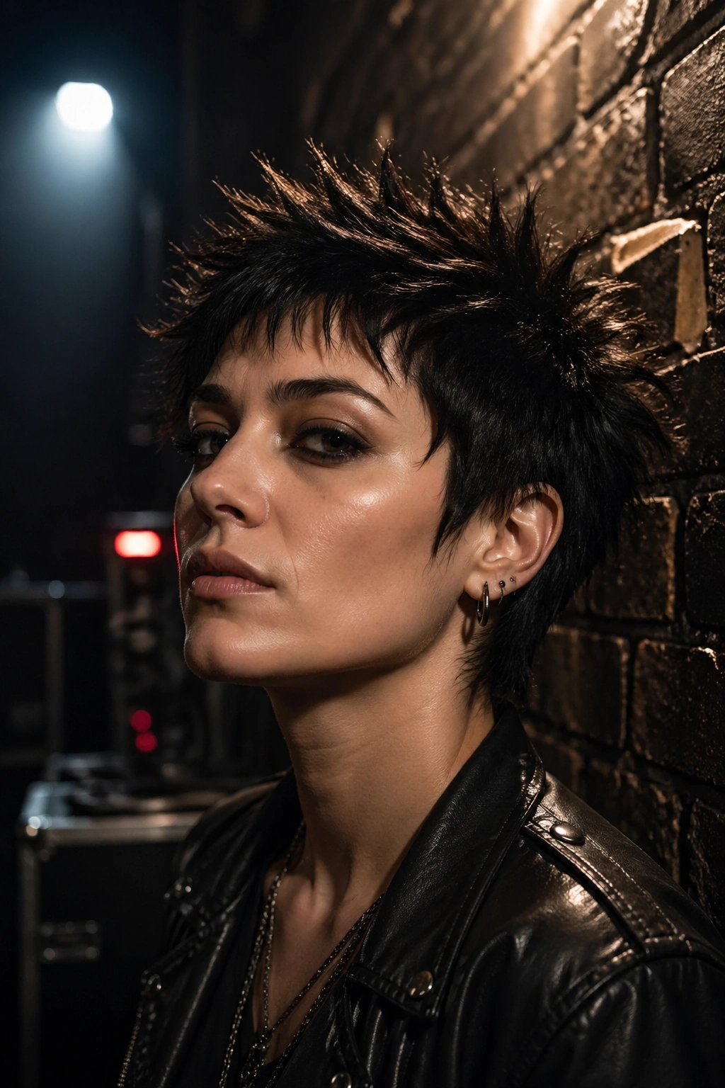 Close-up of real person with spiky texture pixie hairstyle in backstage lighting