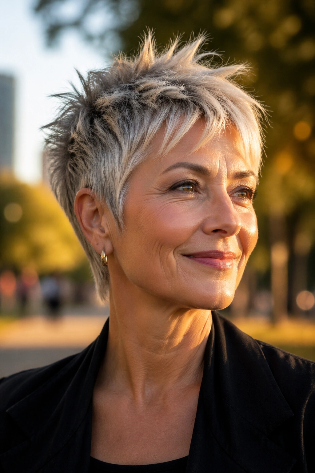 Close-up of a real woman with a spiky shag pixie in golden hour light
