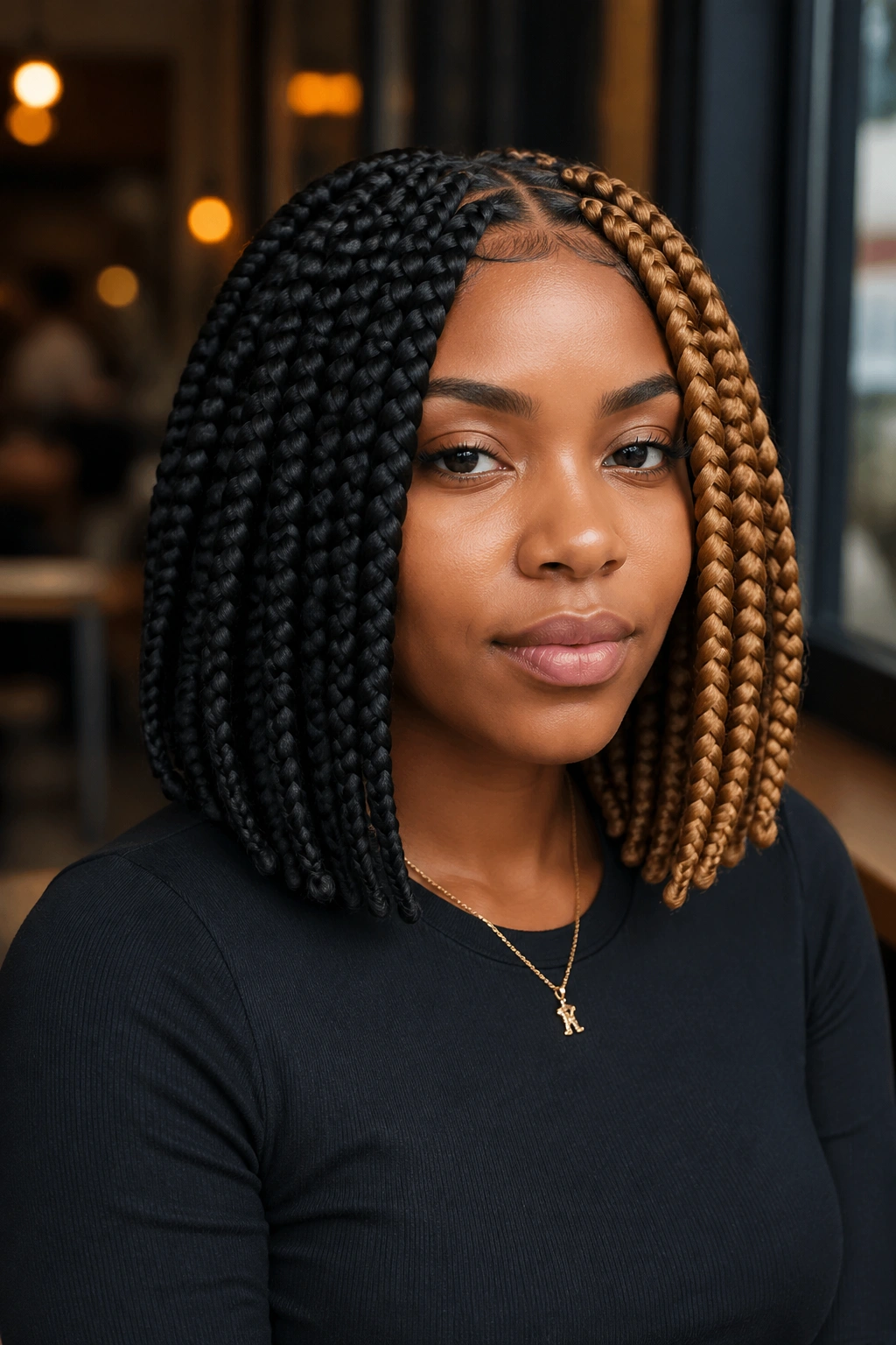 Close-up of a real woman with shoulder-length split-bob jumbo braids