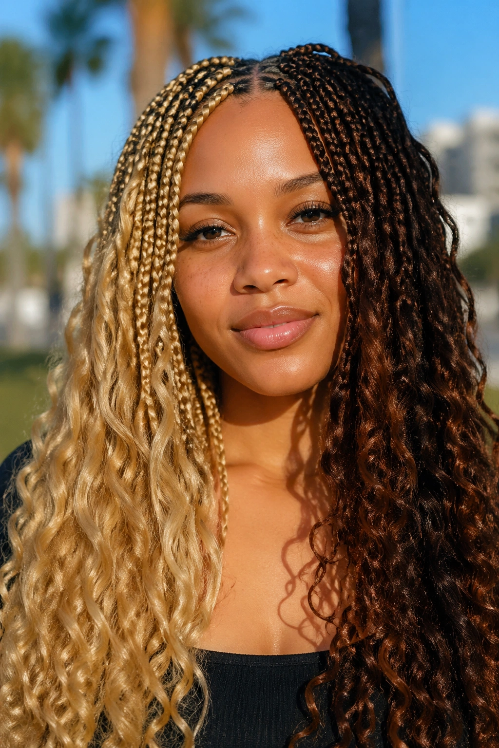 Close-up of real person with half-blonde, half-brown split-color boho box braids.