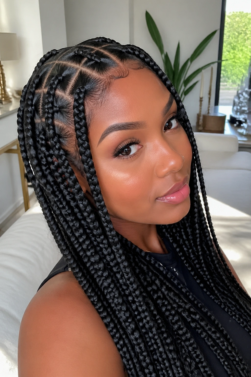 Close-up of a real person with square-part medium box braids and visible square partings