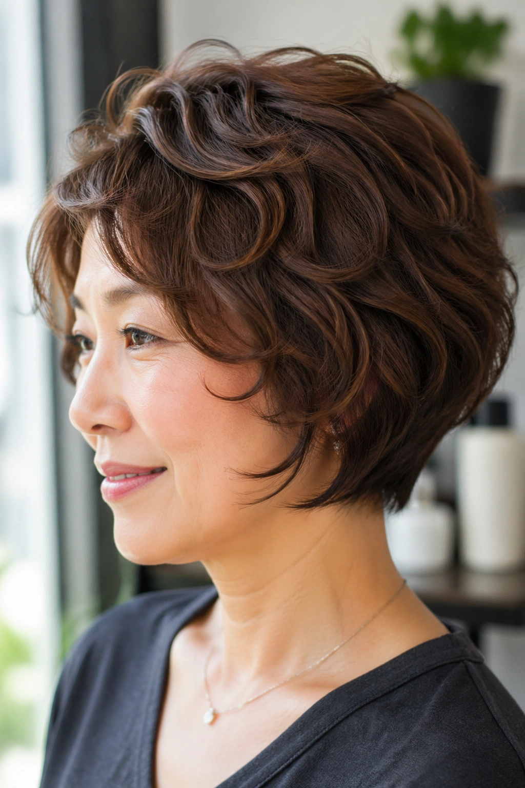 Close-up of a real woman with a rounded stacked bob