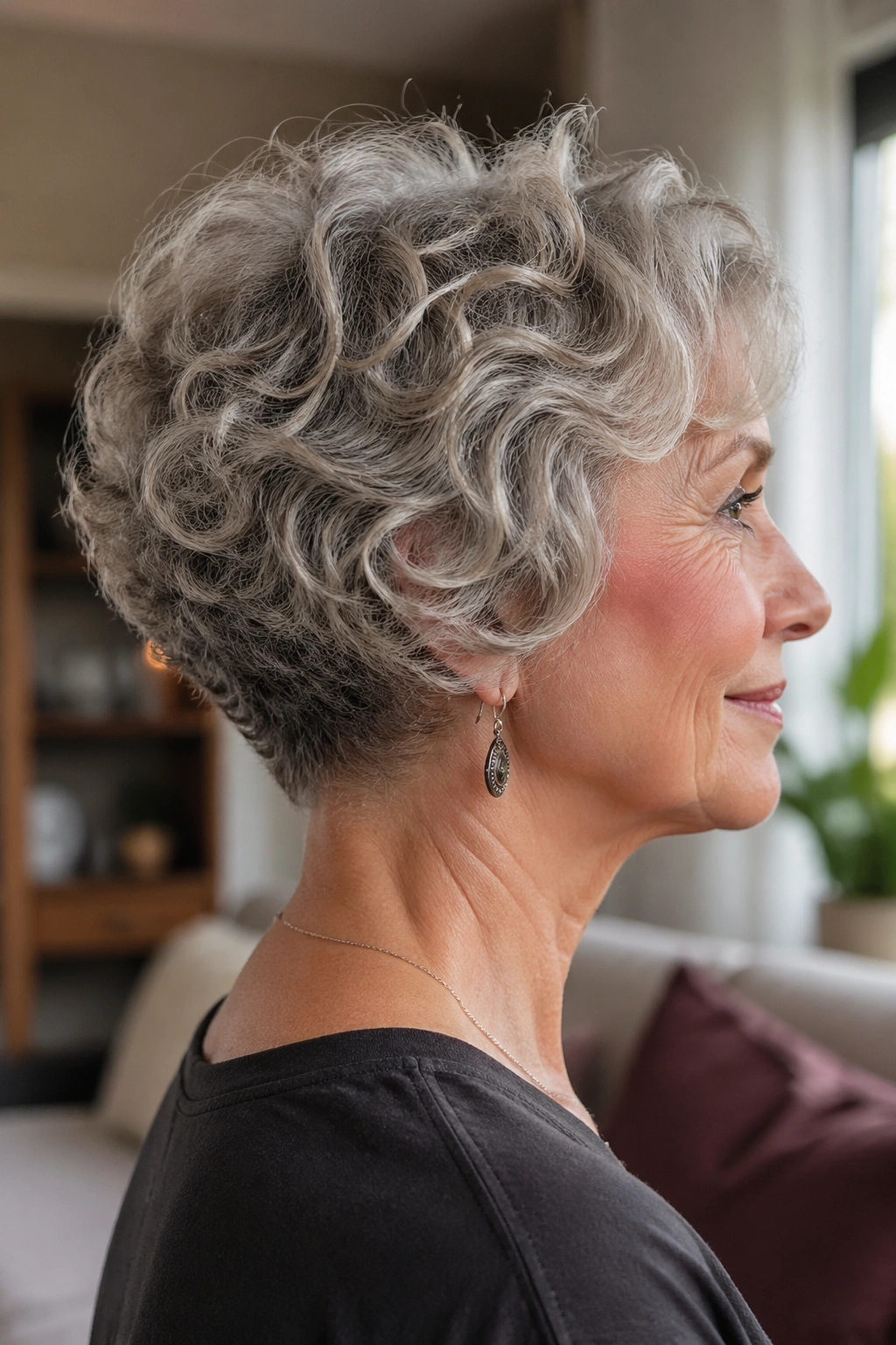 Close-up portrait of a real woman with stacked back bob and lifted crown curls