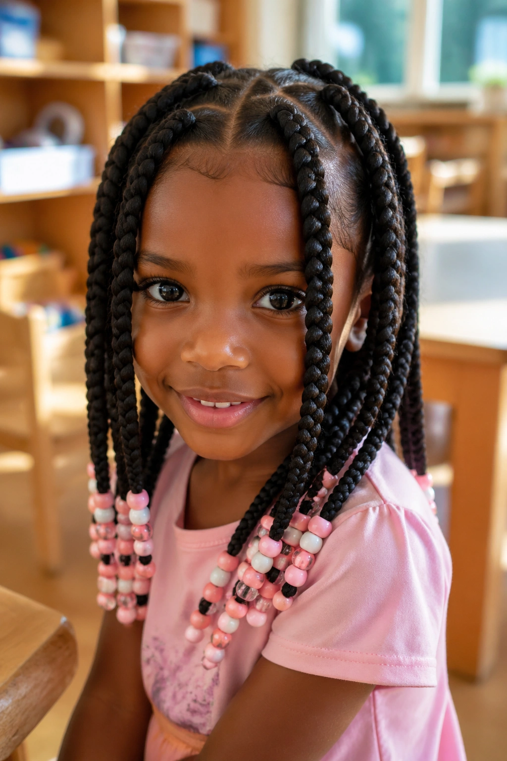 Close-up of a real child with jumbo box braids and stacked beads near the ends
