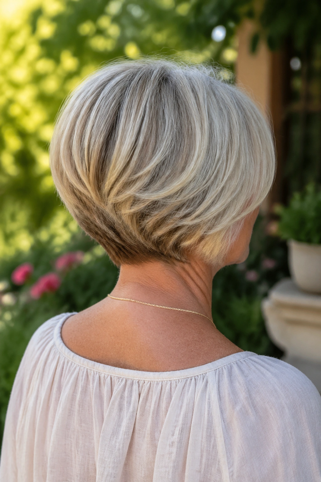 Back view of a real woman with stacked bob and rounded back in warm light