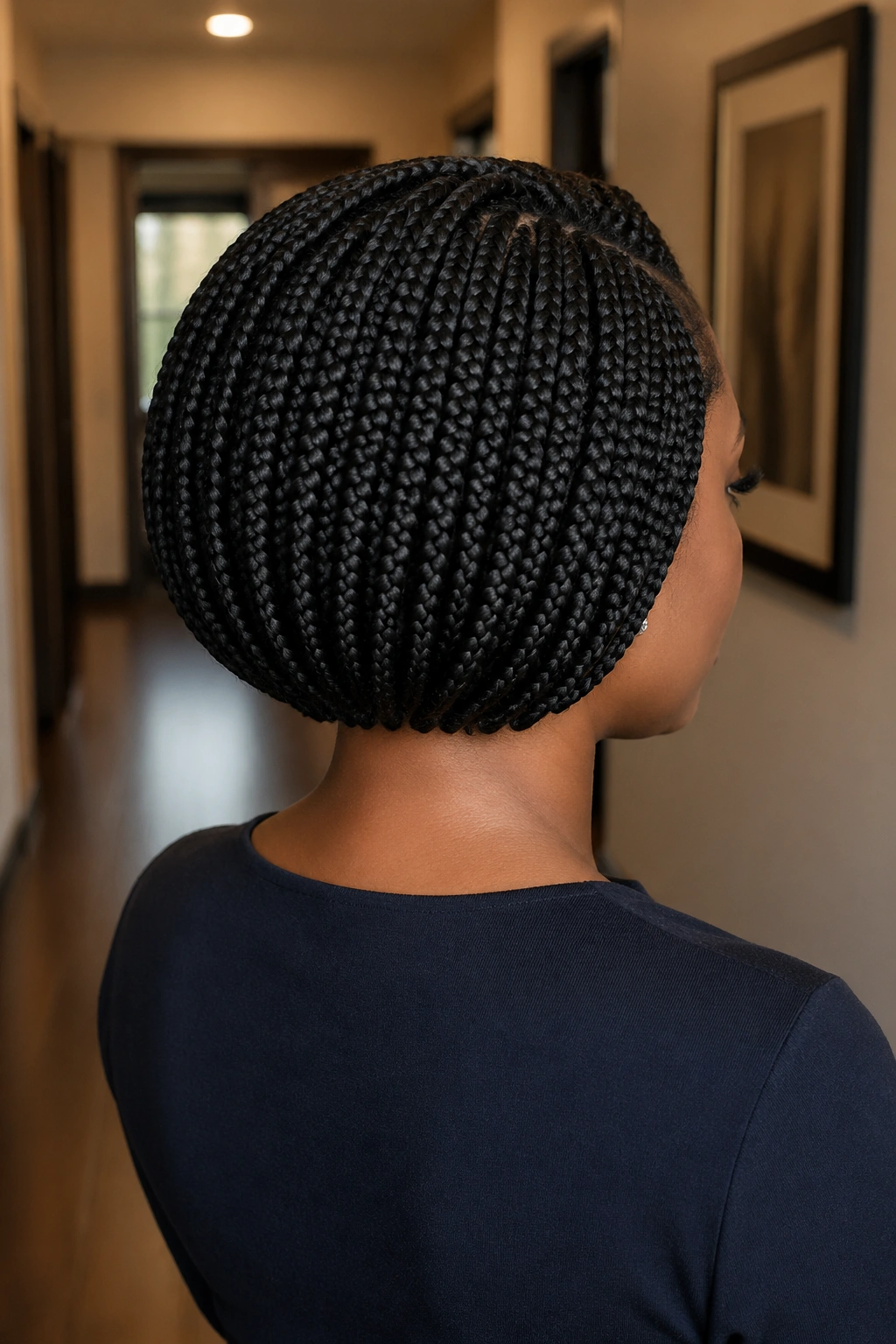 Rear portrait of a woman with stacked bob-length box braids showing fullness at the back and neat neck.