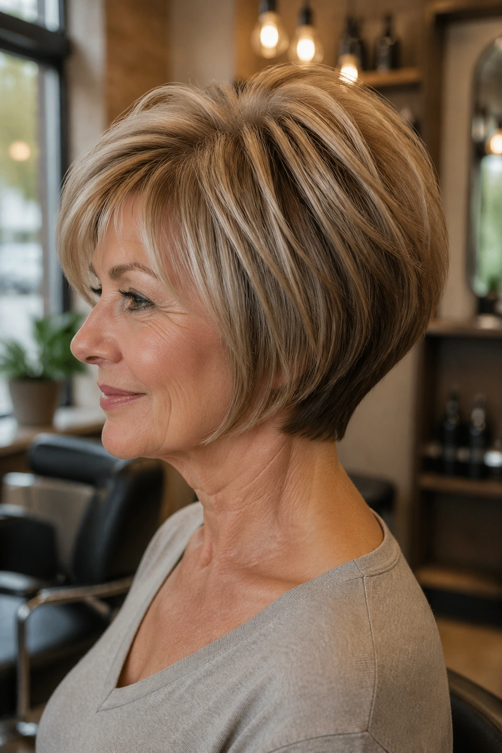 Close-up of a real woman with a stacked bob and crown lift.