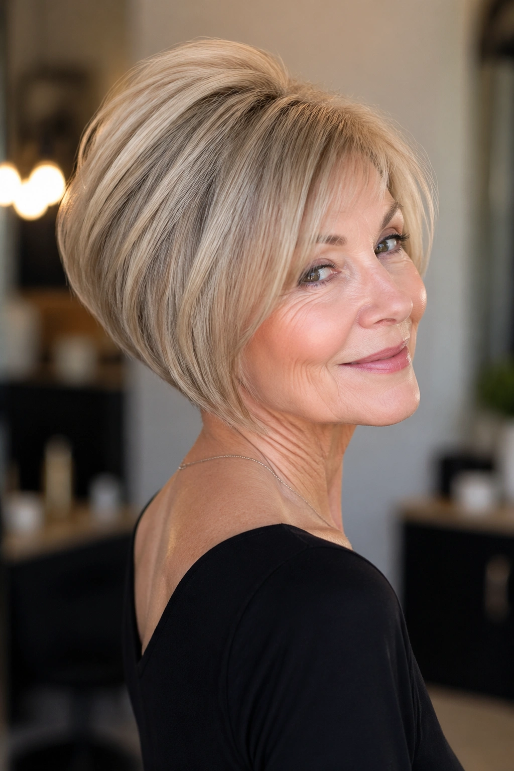 Medium close-up portrait of a woman with stacked bob and crown lift
