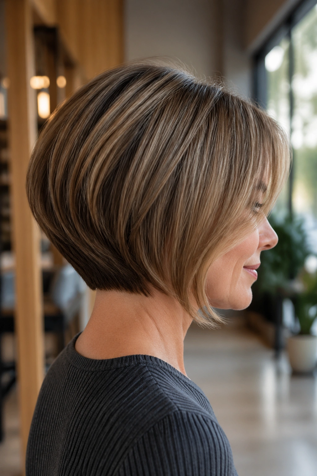 Close-up portrait of a real woman with a stacked bob in a chic salon setting