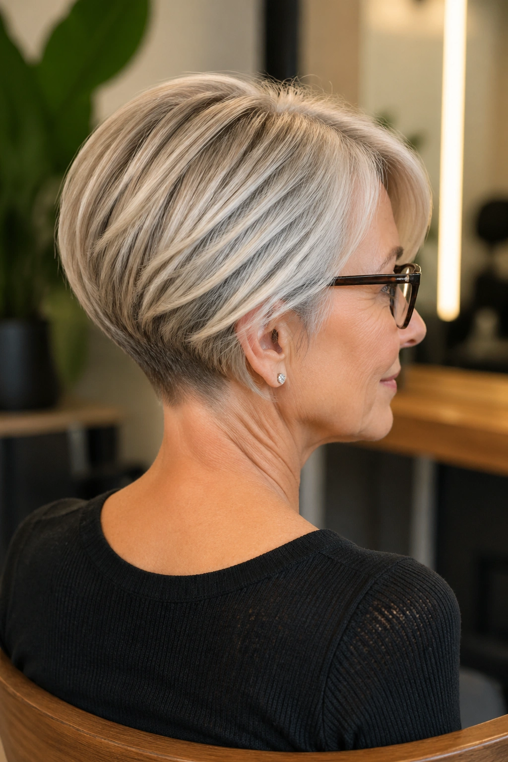 Portrait of an older woman with stacked bob and hollowed nape wearing glasses