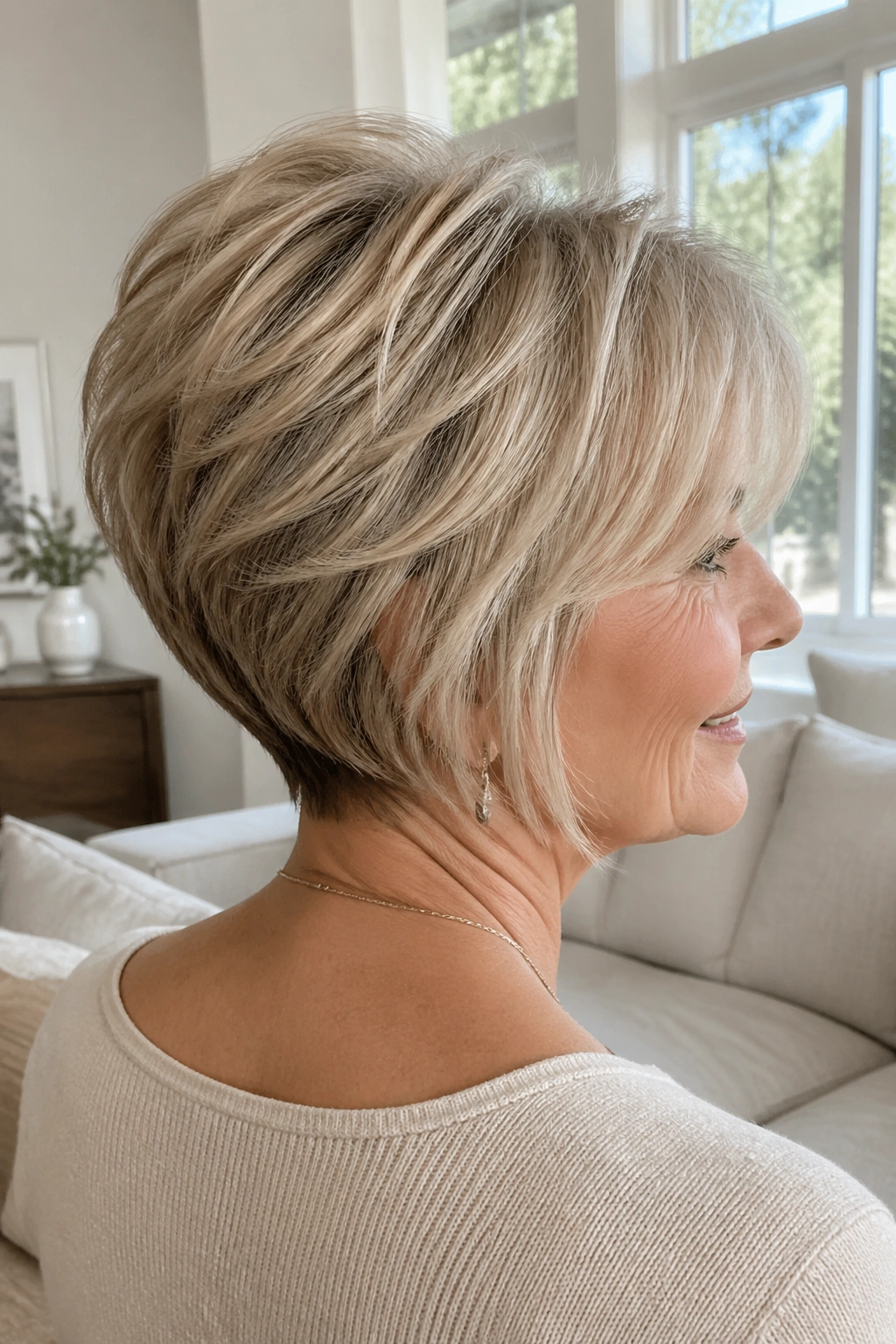 Portrait of a real woman with a stacked bob and soft layers from a three-quarter view.