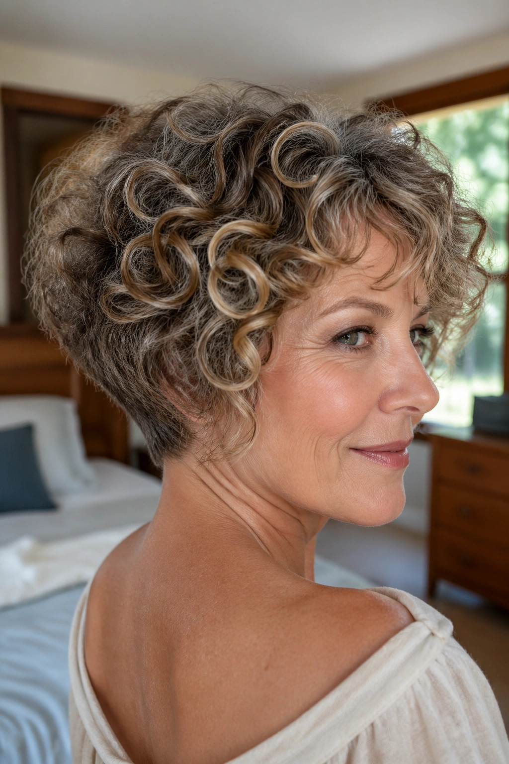 Real woman with stacked bob and soft nape shown in warm natural light