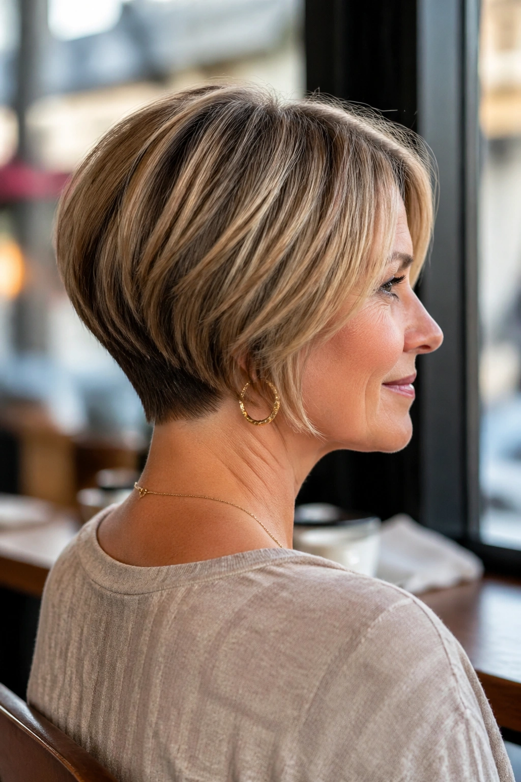 Close-up portrait of a woman with a stacked bob showing a tapered nape under natural light.