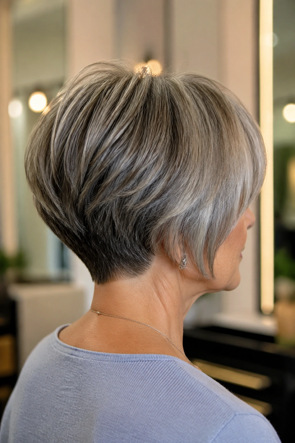 Rear view of a real woman with a stacked bob and tapered nape