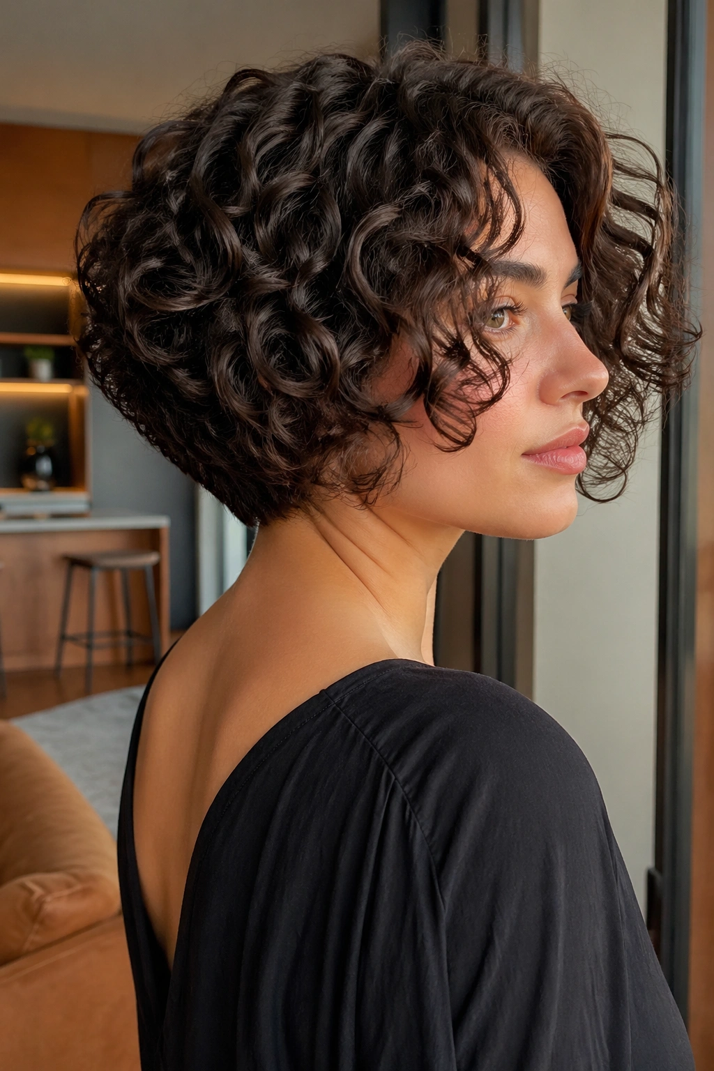 Close-up portrait of a real person with stacked curly bob revealing back layers and crown lift