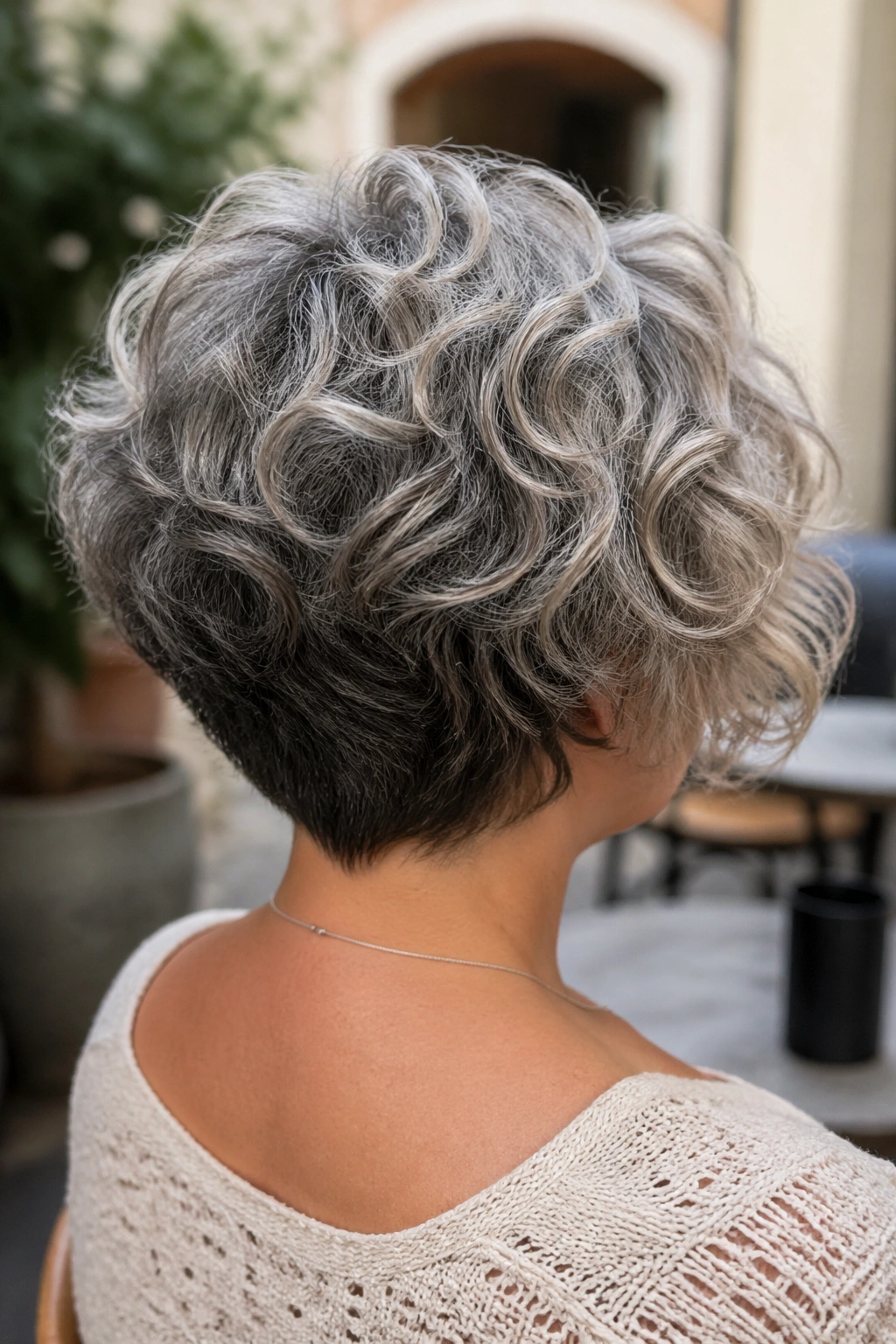 Back-view portrait of stacked curly bob with lift at the nape on real woman