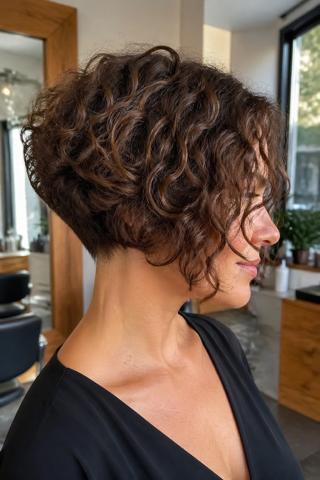 Close-up of a real woman with a classic stacked curly inverted bob in a sunlit salon