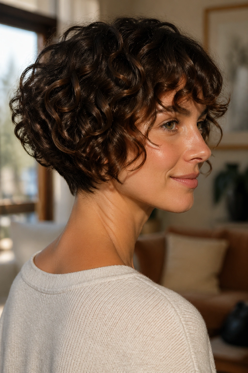 Close-up of a real woman with stacked curly bob showing back-nape lift