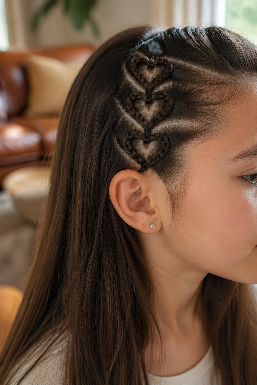 Close-up of a real person with three small hearts braided along one side