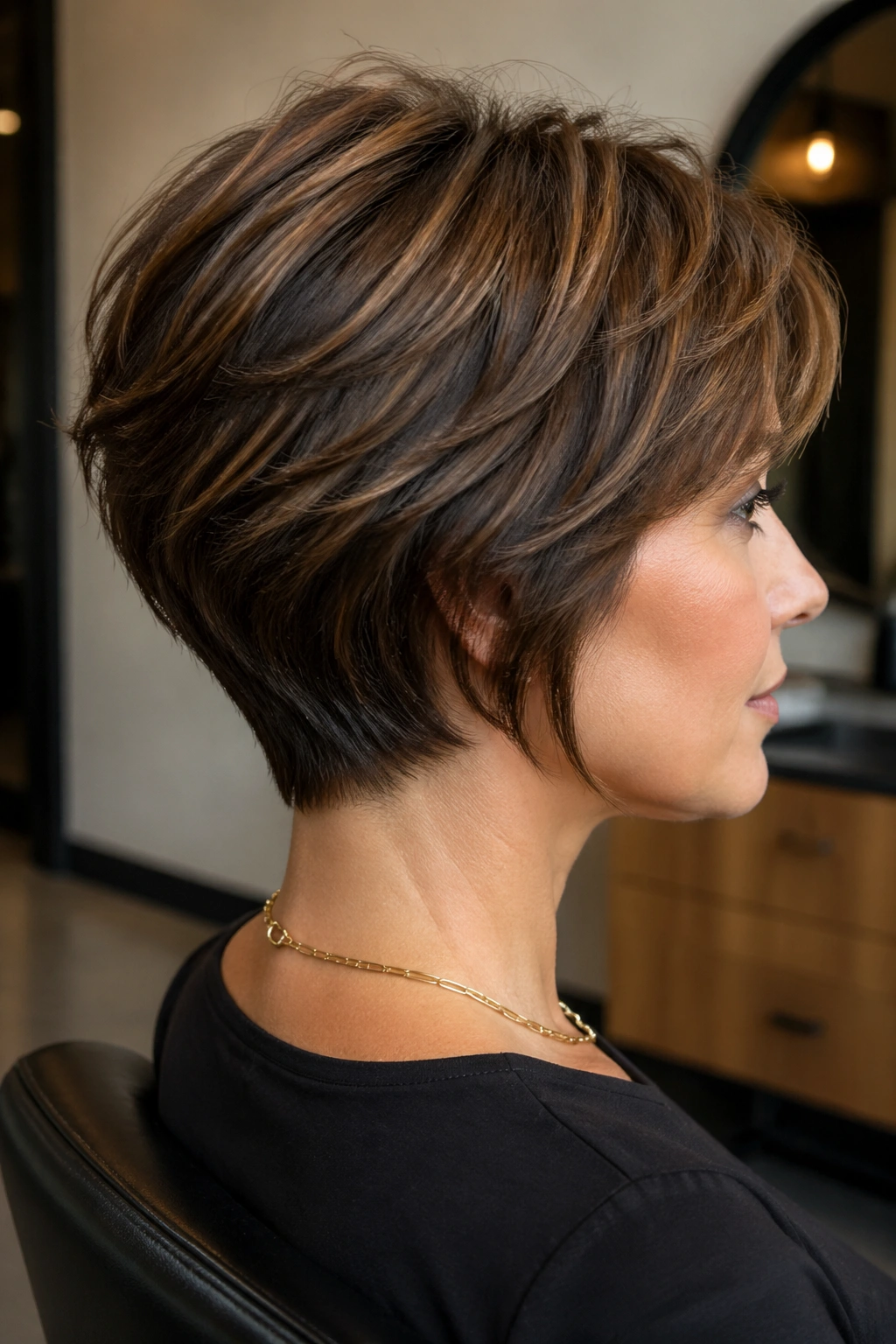 Back/side view close-up of a real woman with a stacked nape bixie in a salon