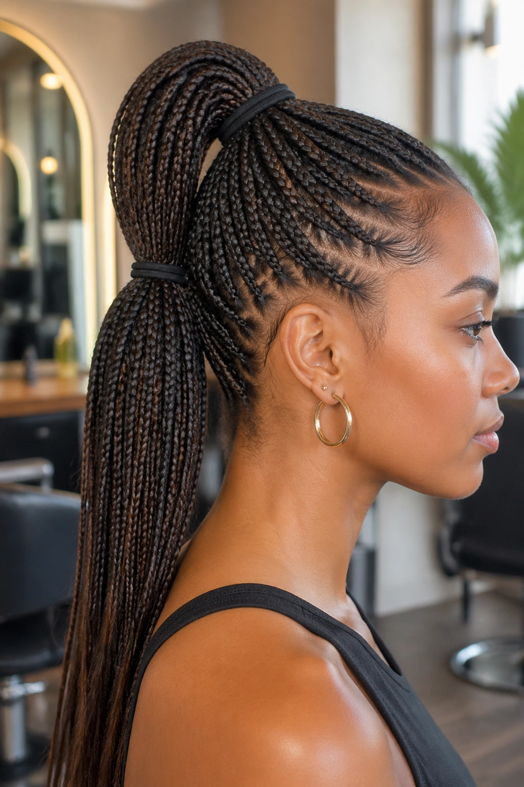 Close-up of a real woman with a stacked two-tier box braid ponytail.
