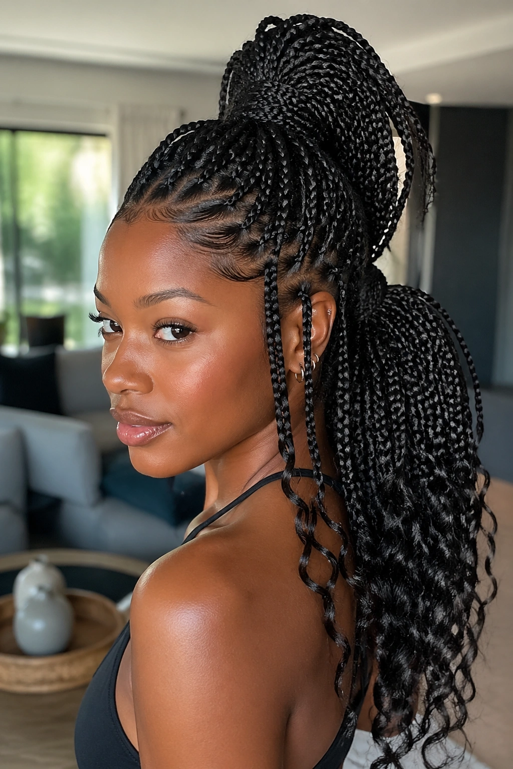Portrait of a real woman with a two-tier stacked ponytail in long box braids.