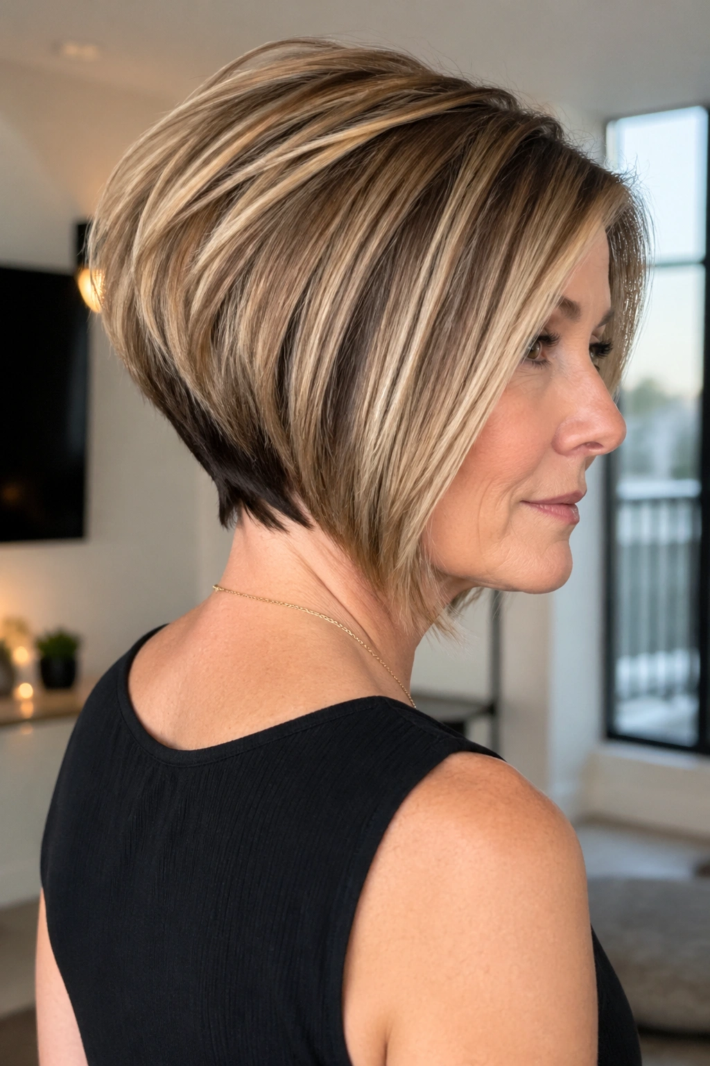 Woman with stacked wedge bob in a modern apartment setting