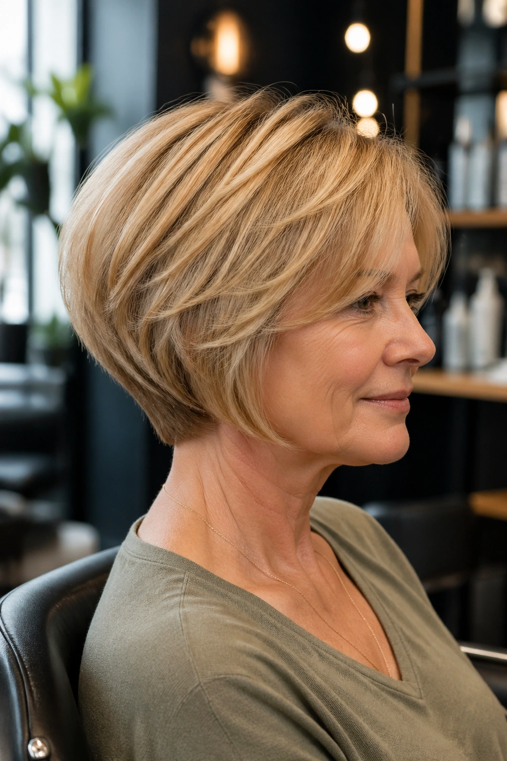 Close-up portrait of a woman with a classic stacked wedge bob, showing the rounded nape and soft jaw-length front.