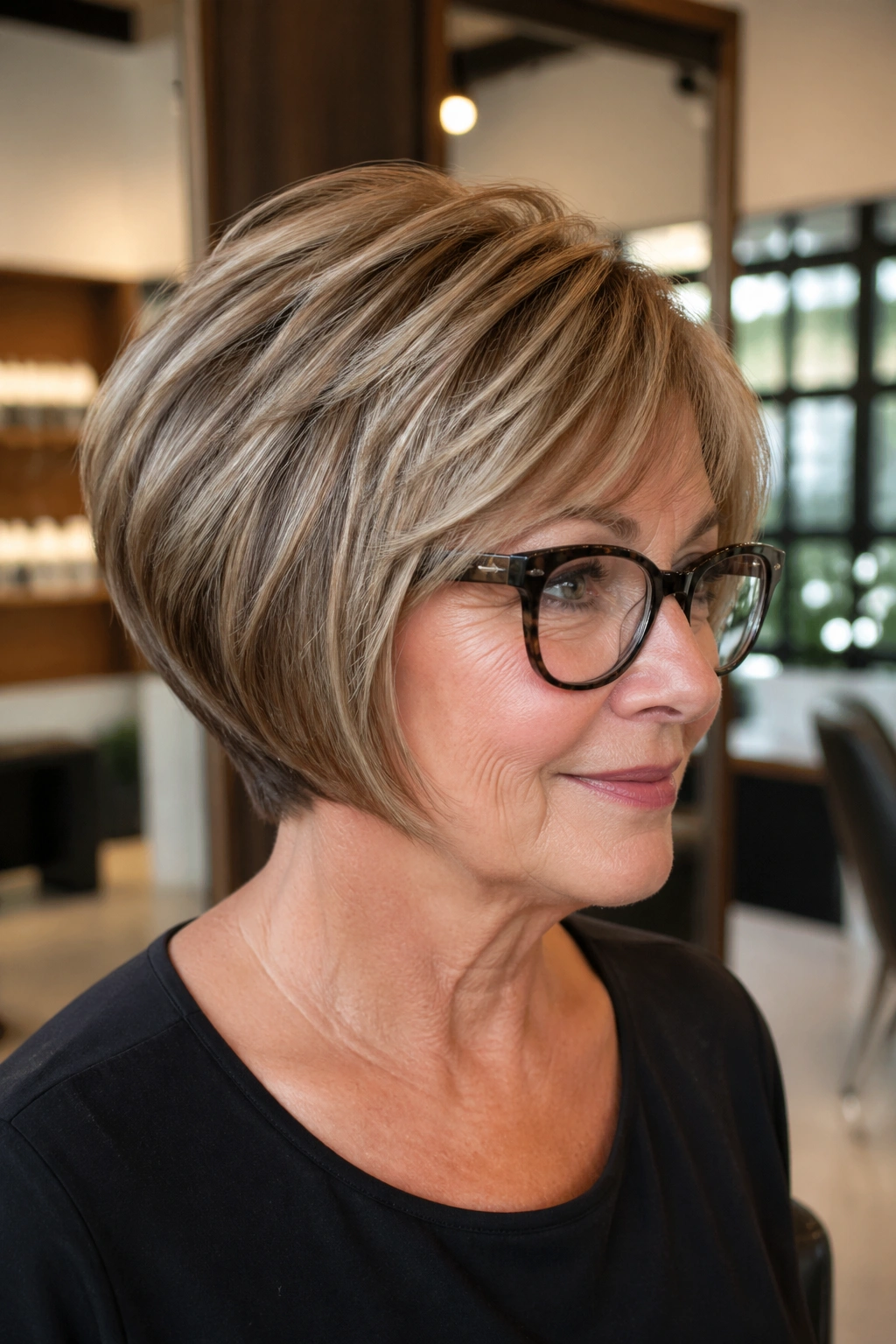 Close-up of a real woman with a stacked wedge bob
