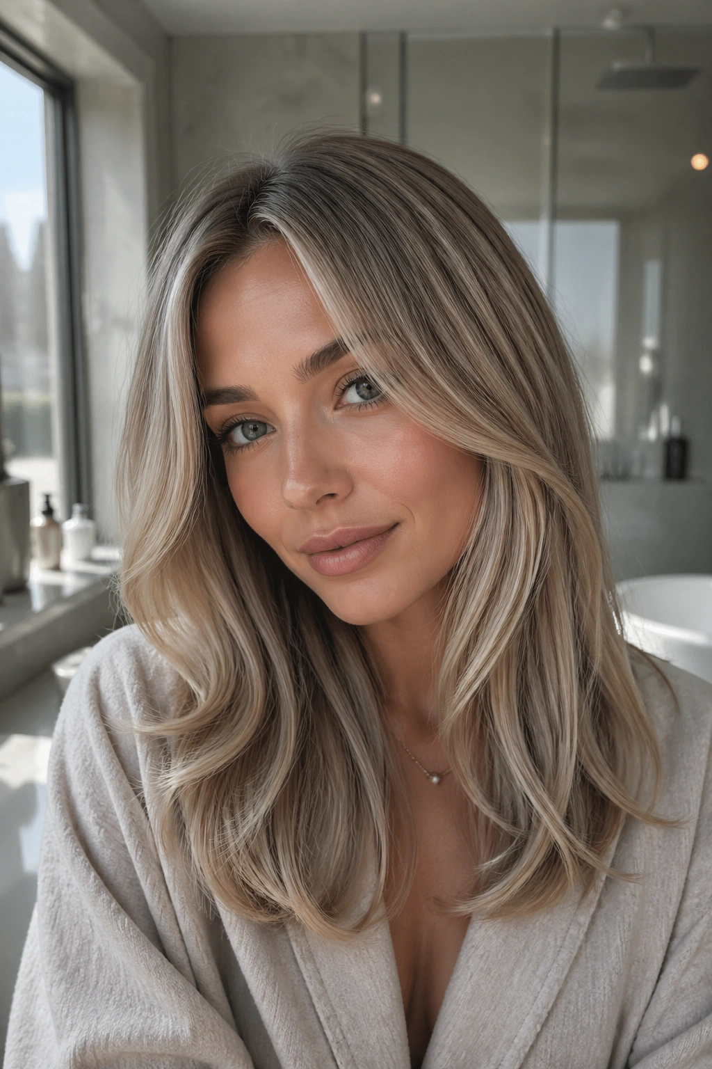 Close-up portrait of a real woman with steel-beige blonde hair in soft window light