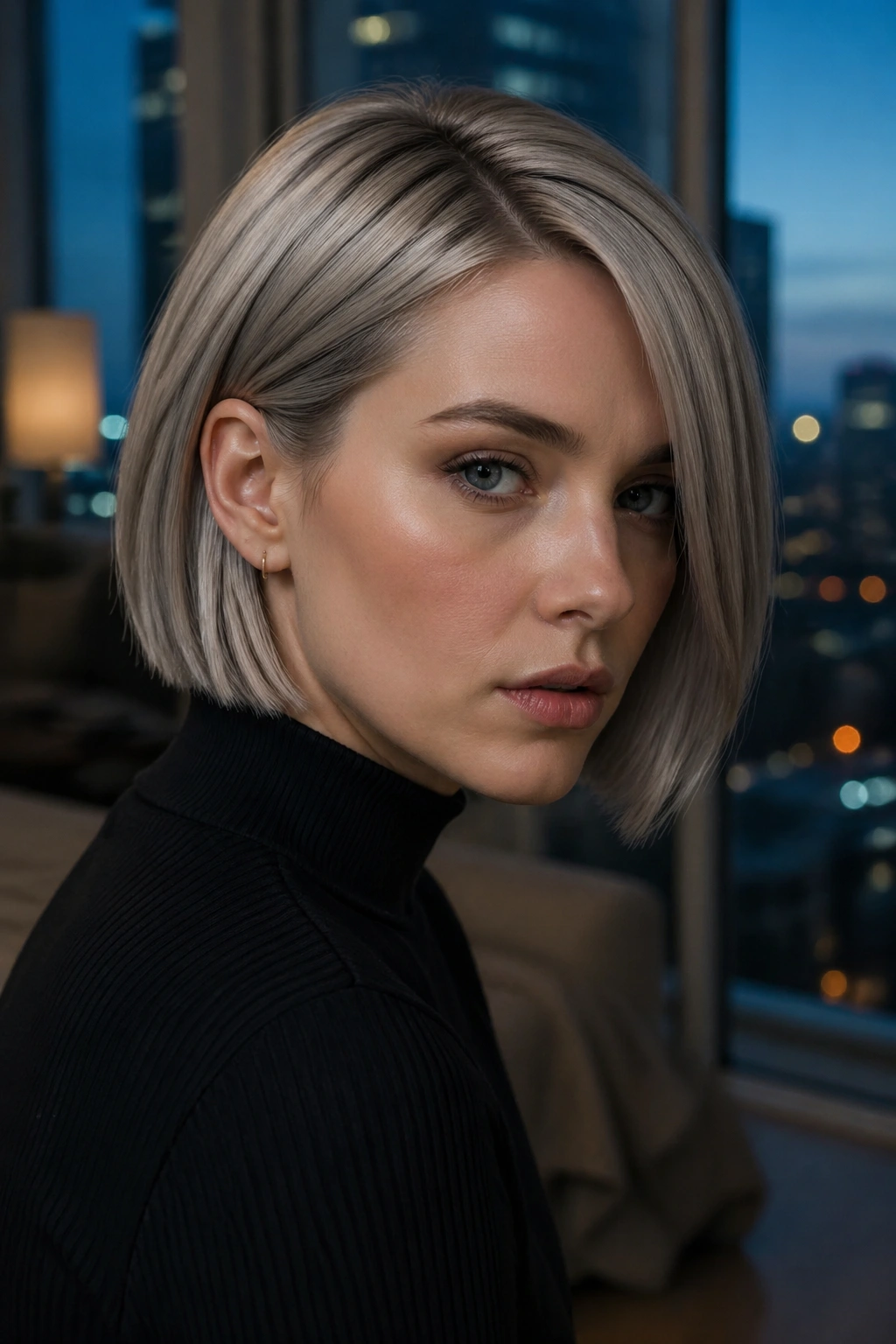 Portrait of a person with steel blonde glaze on short hair.