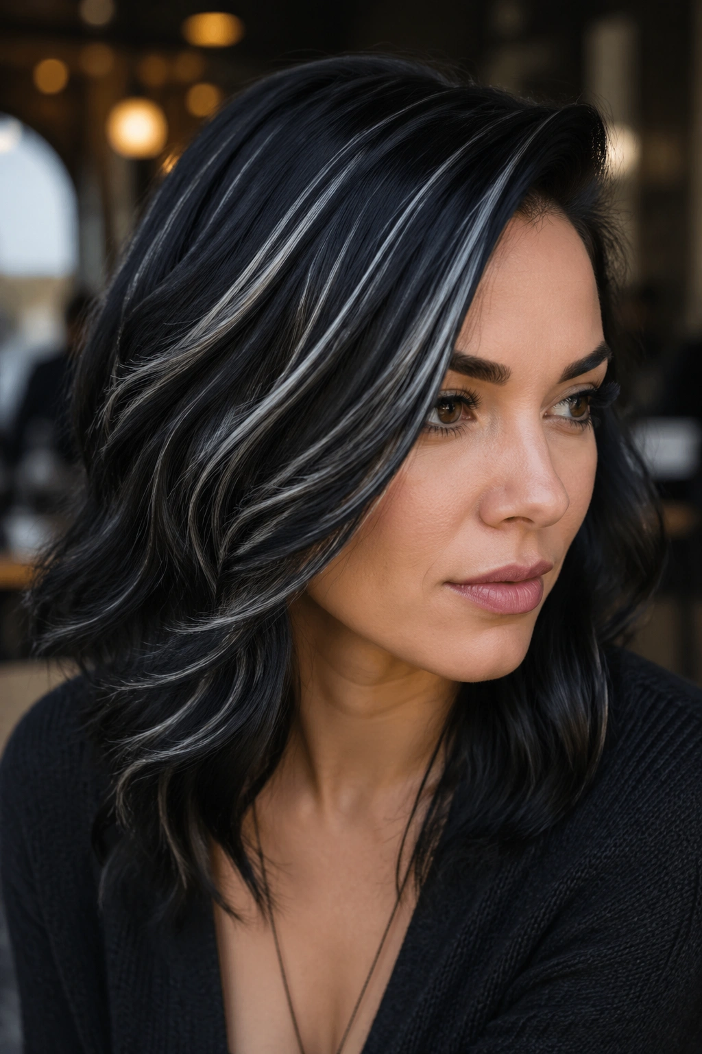 Portrait of a person with steel-gray highlights on black hair