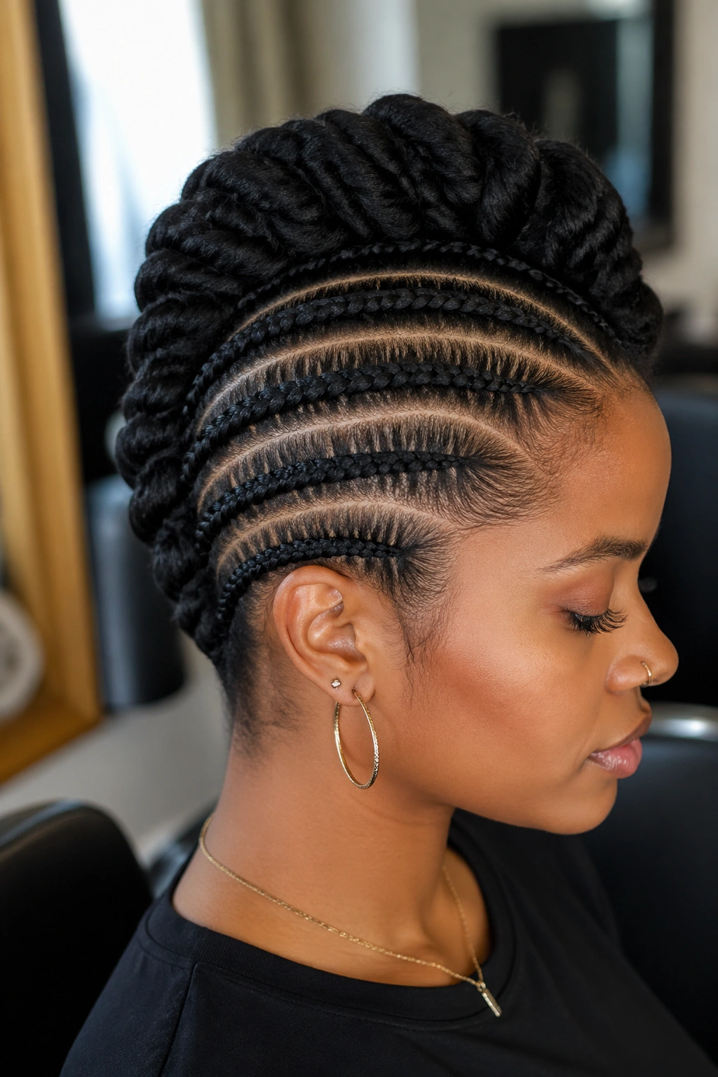 Portrait of a real woman with stitch-braid mohawk and crisp parting lines