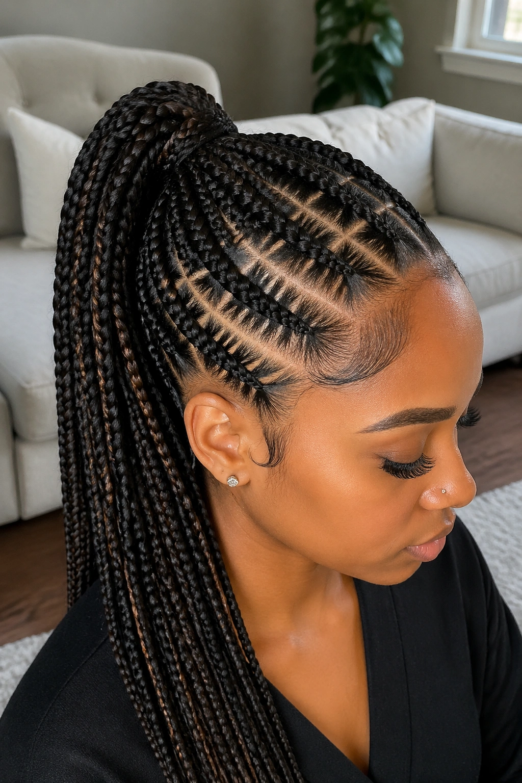 Real woman with stitch braided ponytail and clean parting lines