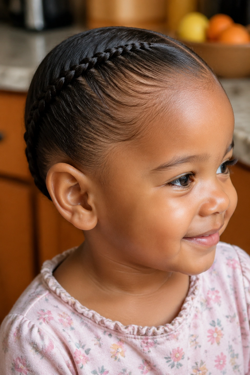 Close-up of a toddler girl with a stitch braid along the scalp, neat and flat