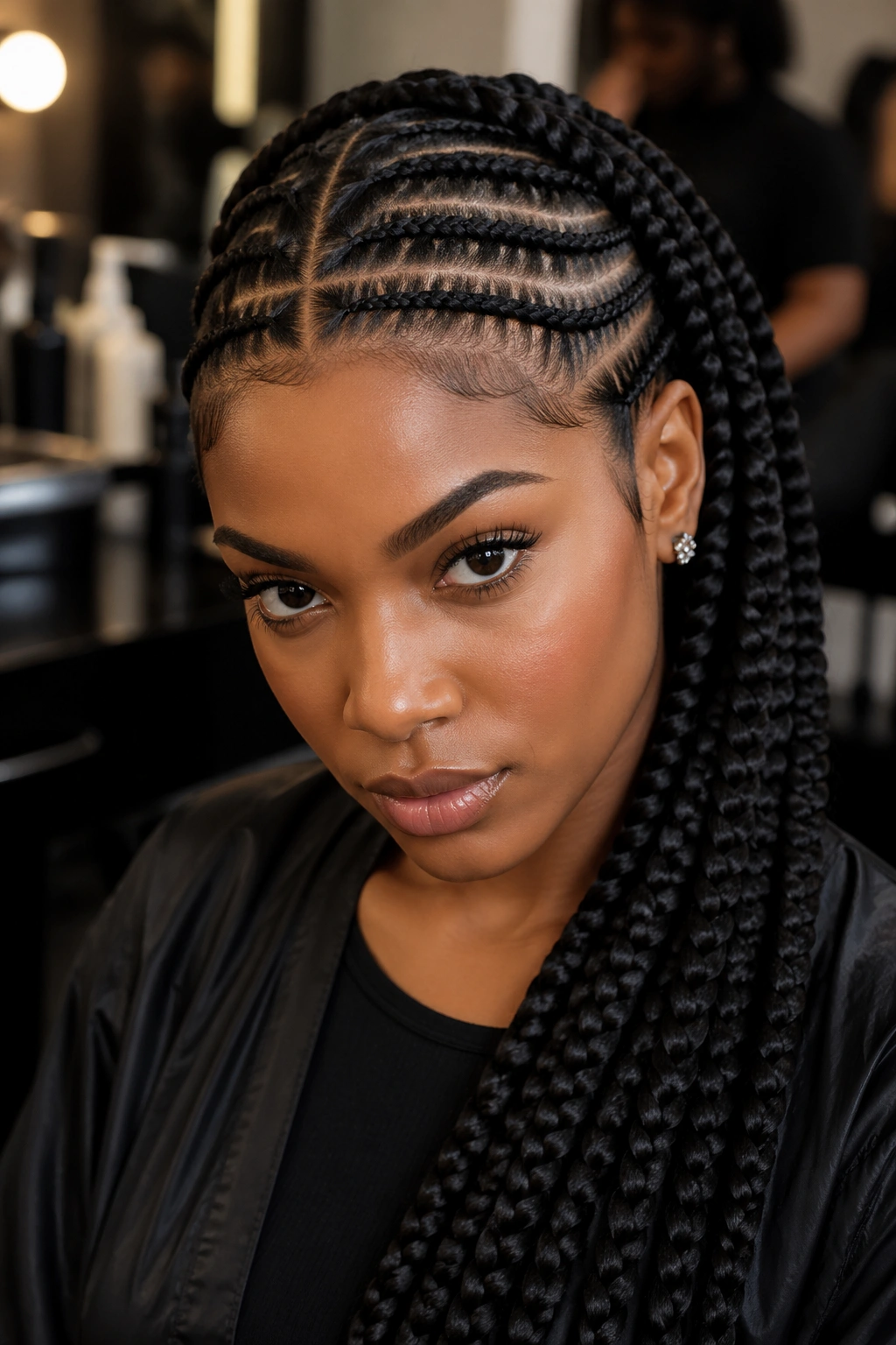 Close-up stitch braids on a real person in a warm backstage salon