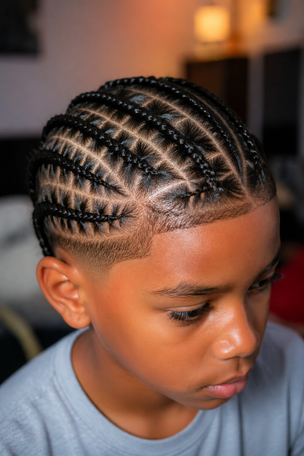 Close-up portrait of a boy with stitch braids